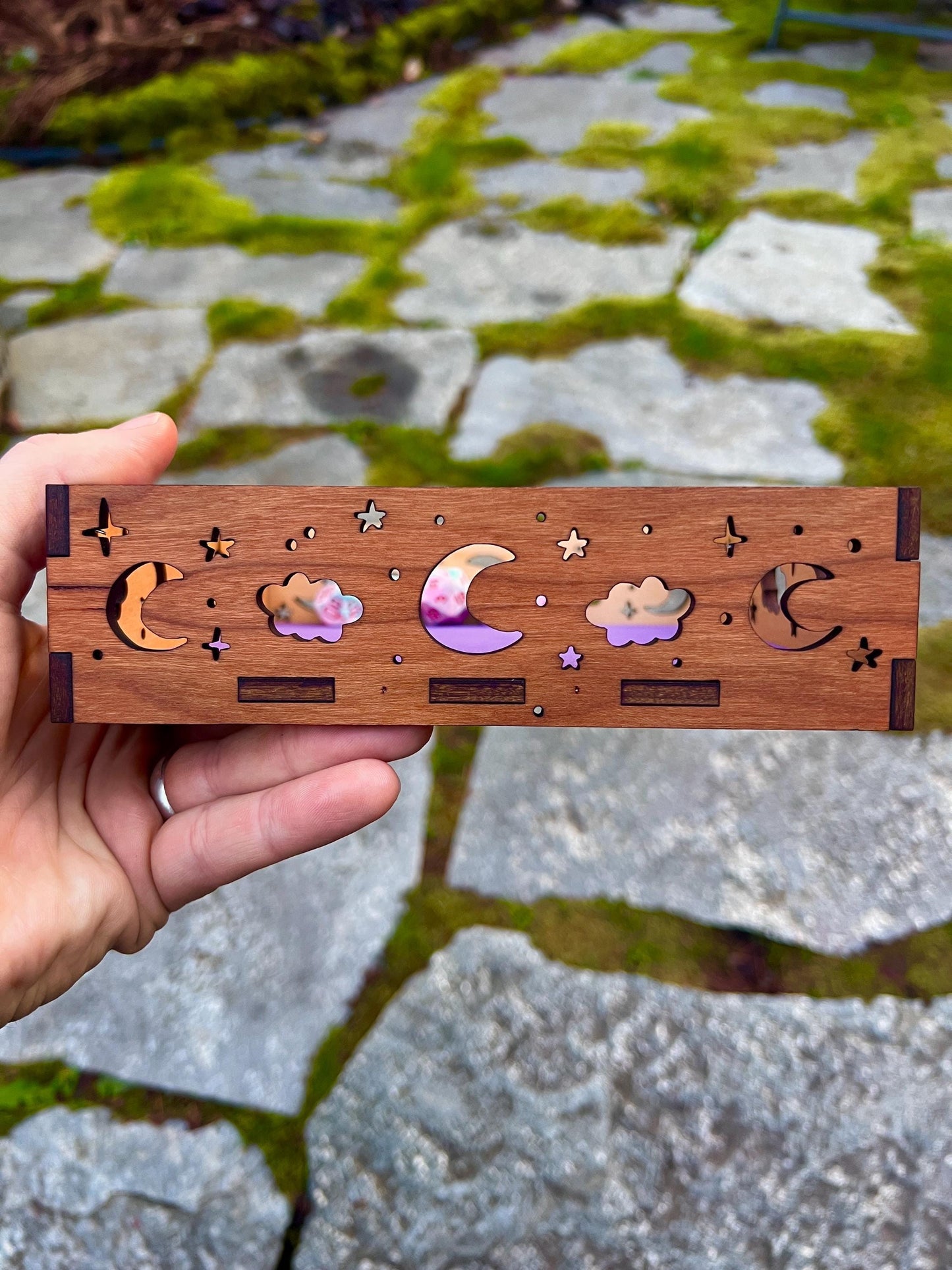 Cloudy Night Dice Tray – Cherry Wood Dice Rolling Tray with Purple Velvet Lining | D&D RPG Tabletop Gaming Accessory