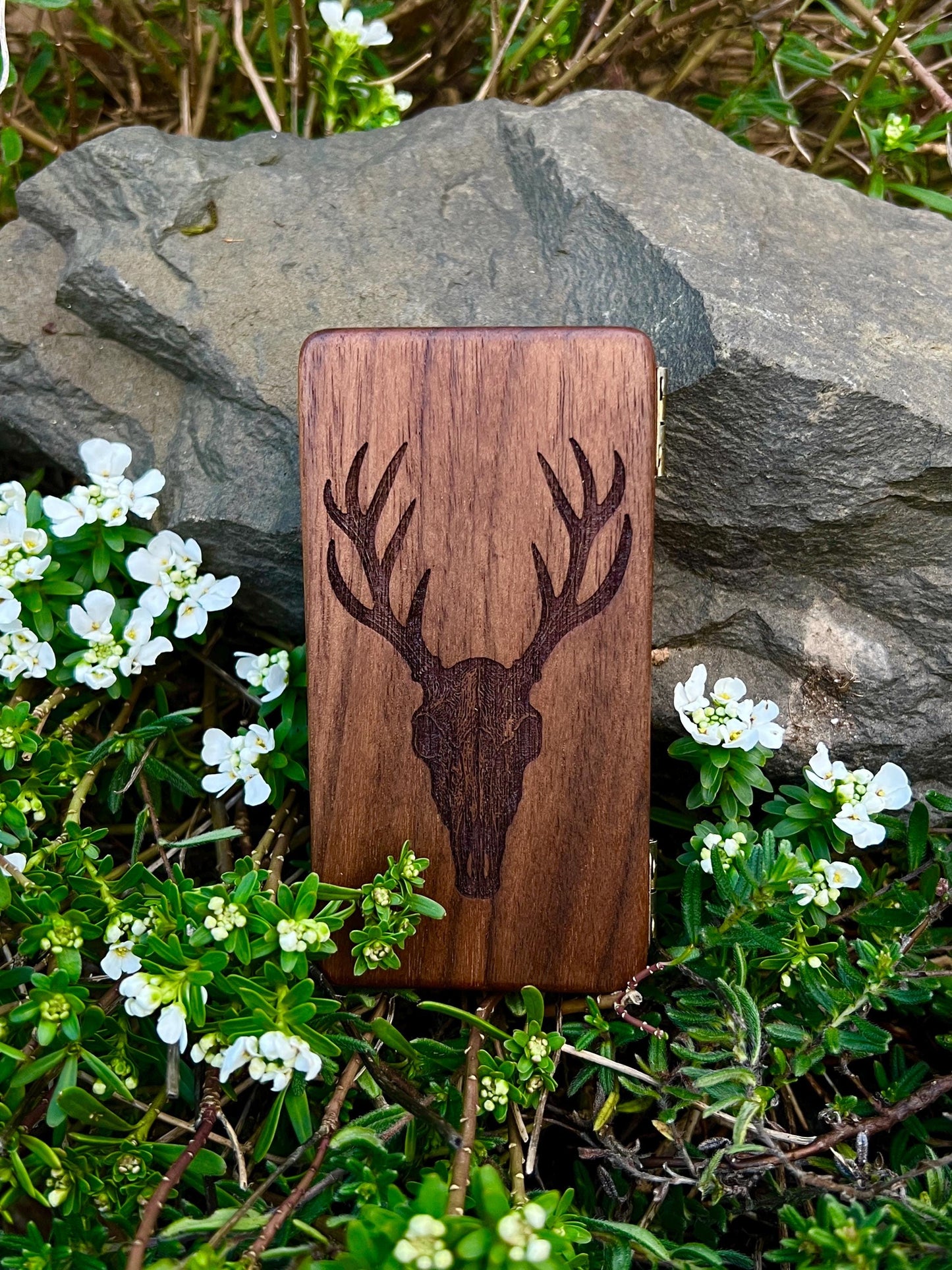 Elk Skull Black Walnut Stash Case With Smellproof Glass Tubes.