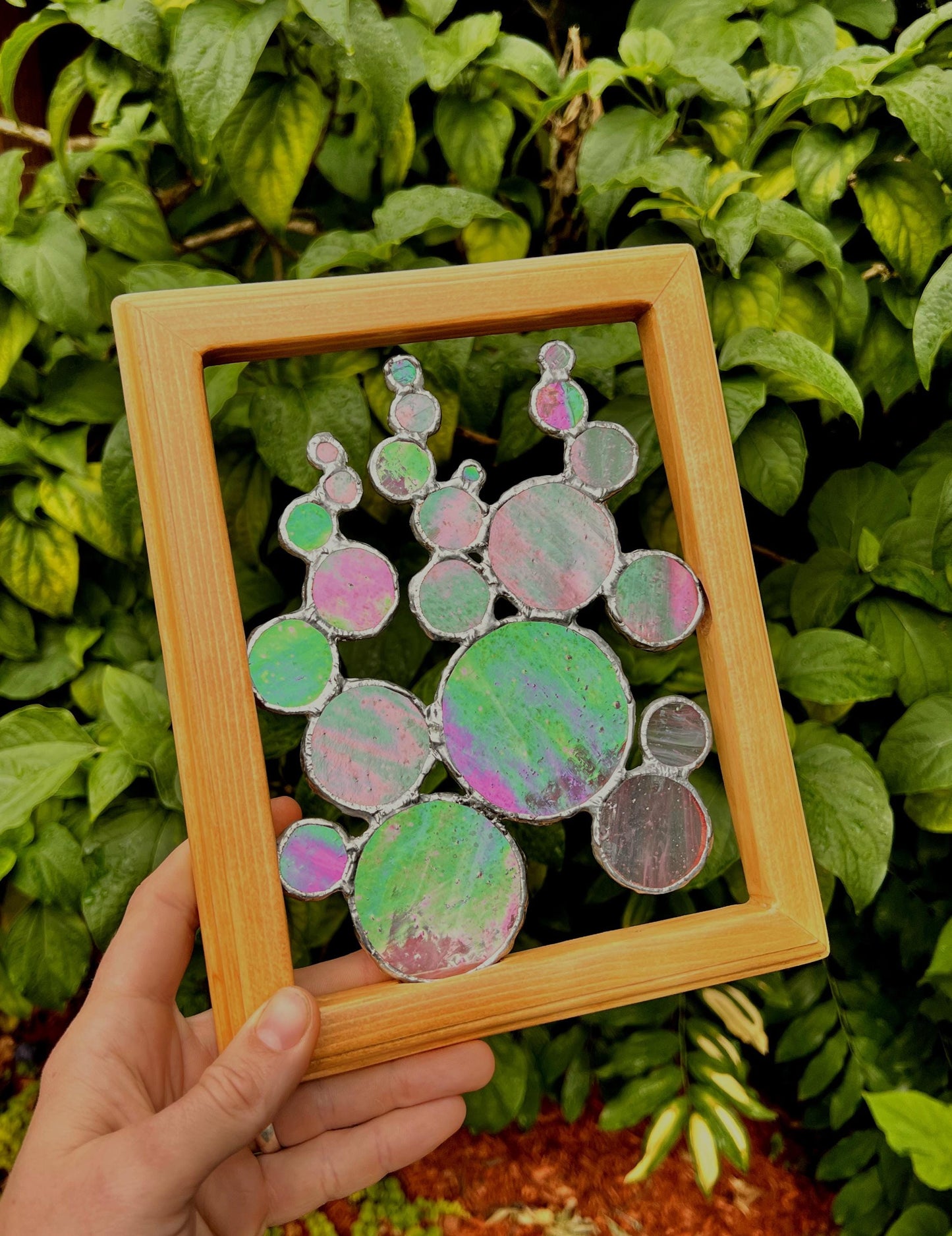 Handmade Iridescent Stained Glass Bubbles - Wooden Frame