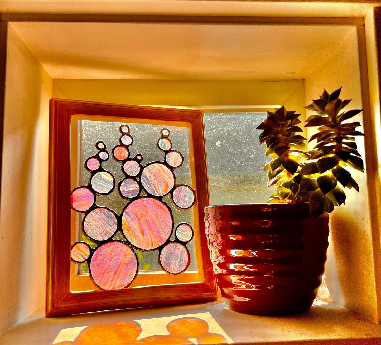 Handmade Iridescent Stained Glass Bubbles - Wooden Frame