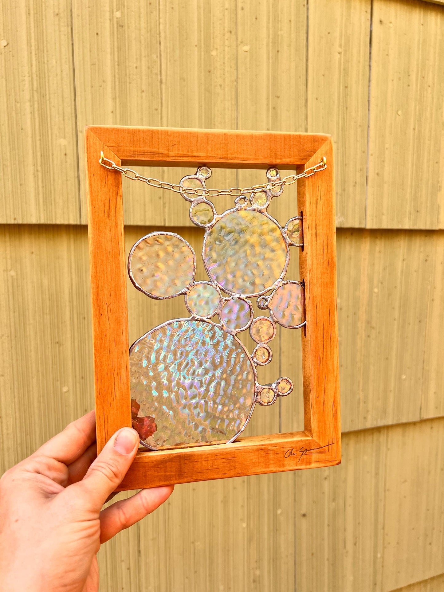 Iridescent Stained Glass Bubbles in Wooden Frame