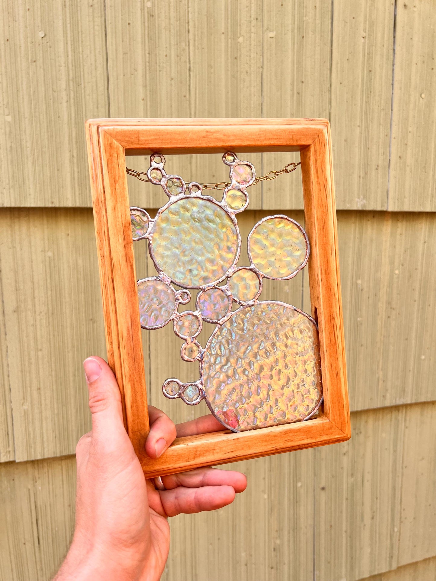 Iridescent Stained Glass Bubbles in Wooden Frame