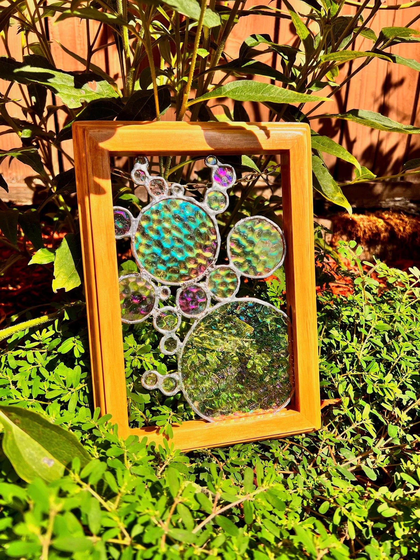 Iridescent Stained Glass Bubbles in Wooden Frame