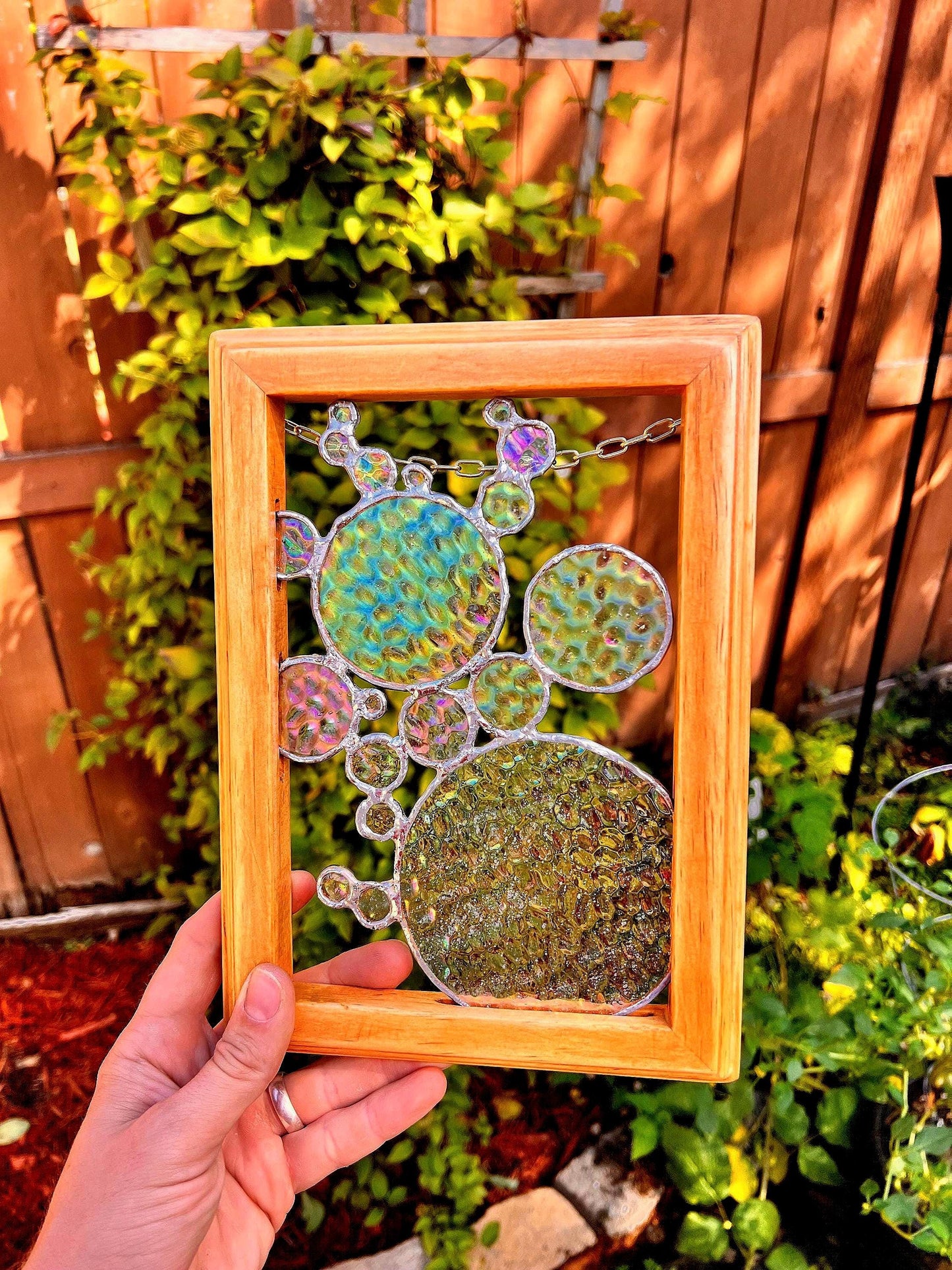 Iridescent Stained Glass Bubbles in Wooden Frame