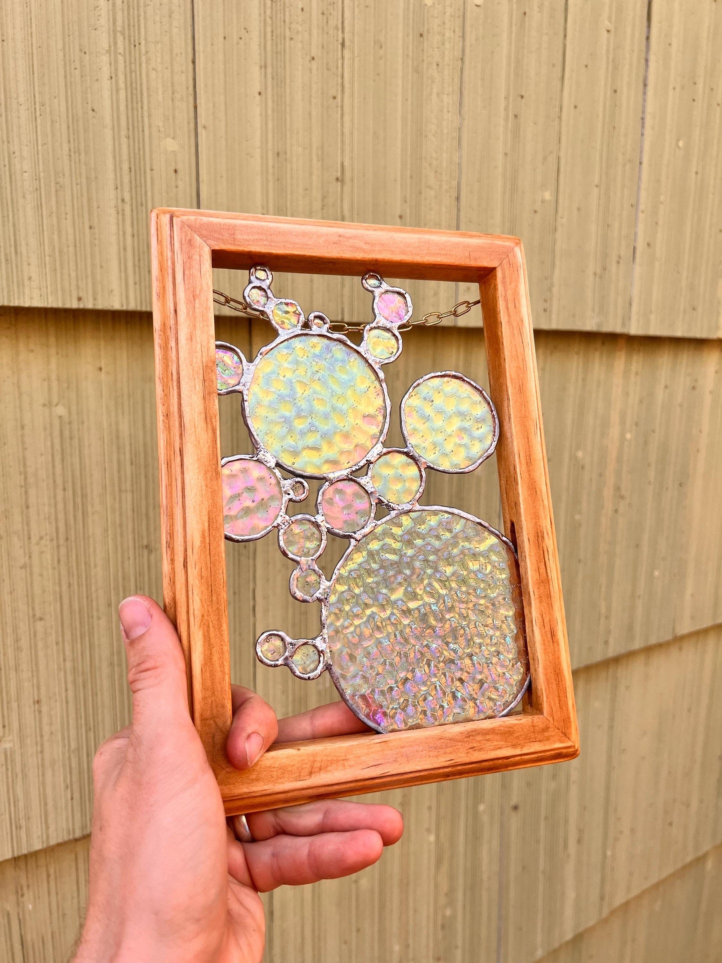 Iridescent Stained Glass Bubbles in Wooden Frame