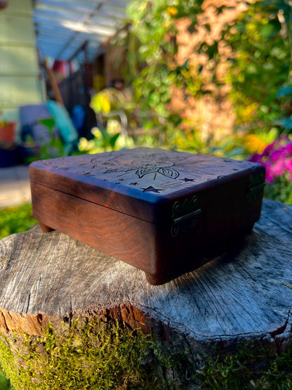 Walnut Sun & Moon Jewelry Box – 5x5in with Blue Velvet Lining