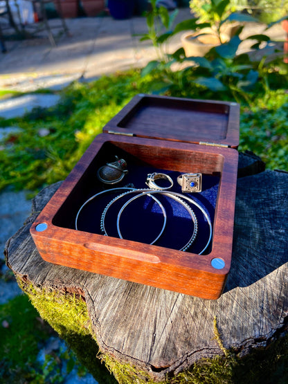 Walnut Sun & Moon Jewelry Box – 5x5in with Blue Velvet Lining