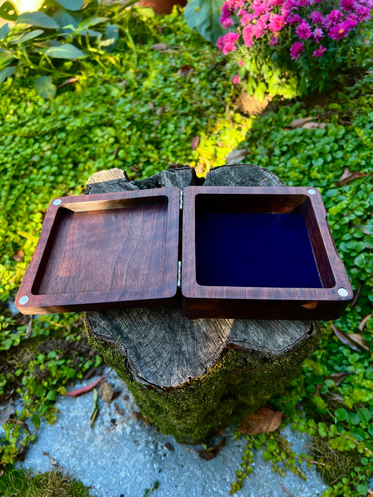 Walnut Sun & Moon Jewelry Box – 5x5in with Blue Velvet Lining