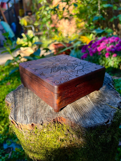 Walnut Sun & Moon Jewelry Box – 5x5in with Blue Velvet Lining