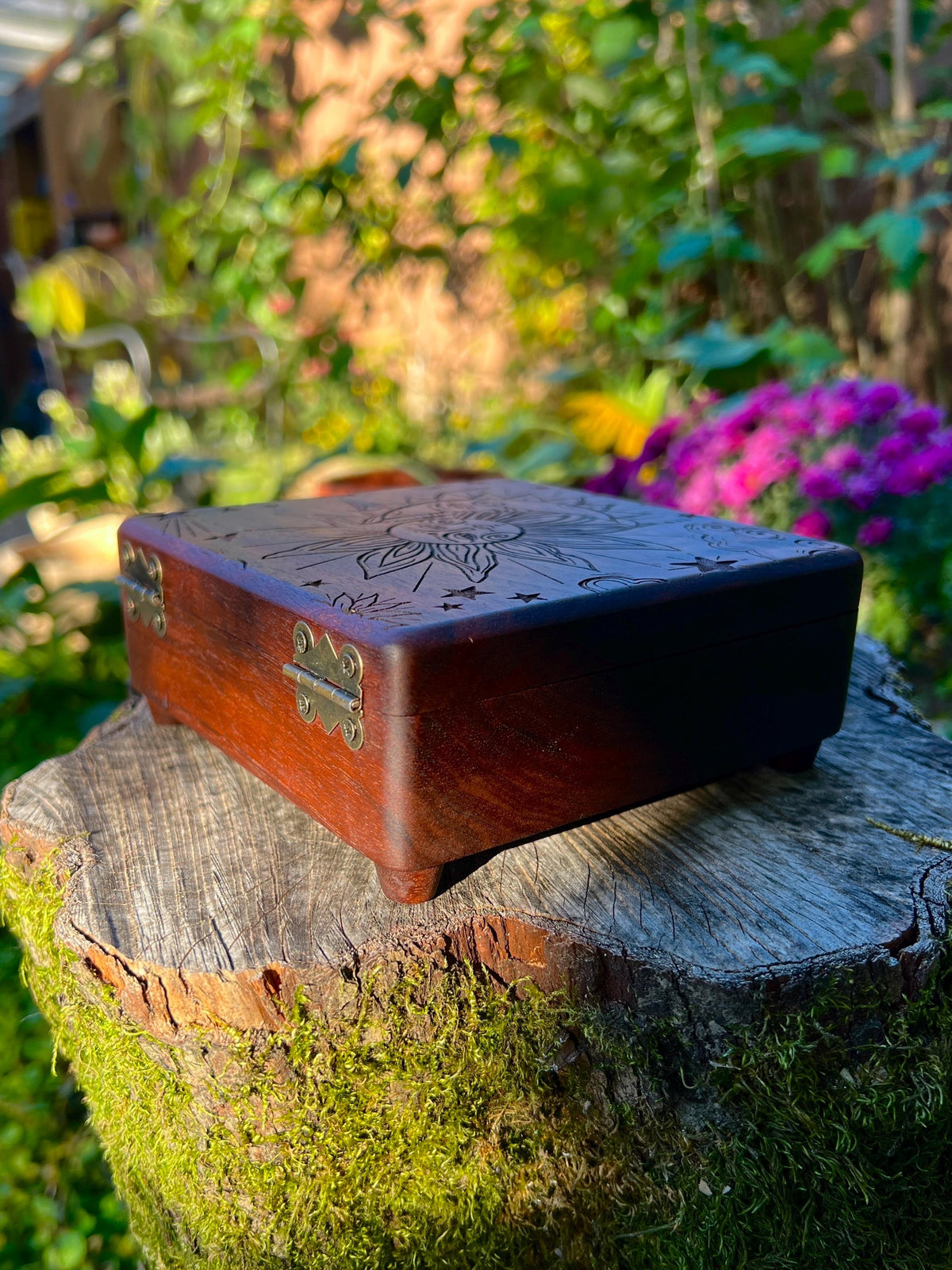 Walnut Sun & Moon Jewelry Box – 5x5in with Blue Velvet Lining
