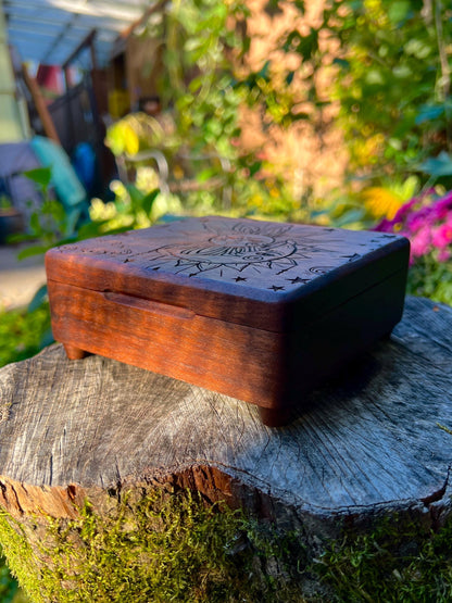 Walnut Sun & Moon Jewelry Box – 5x5in with Blue Velvet Lining