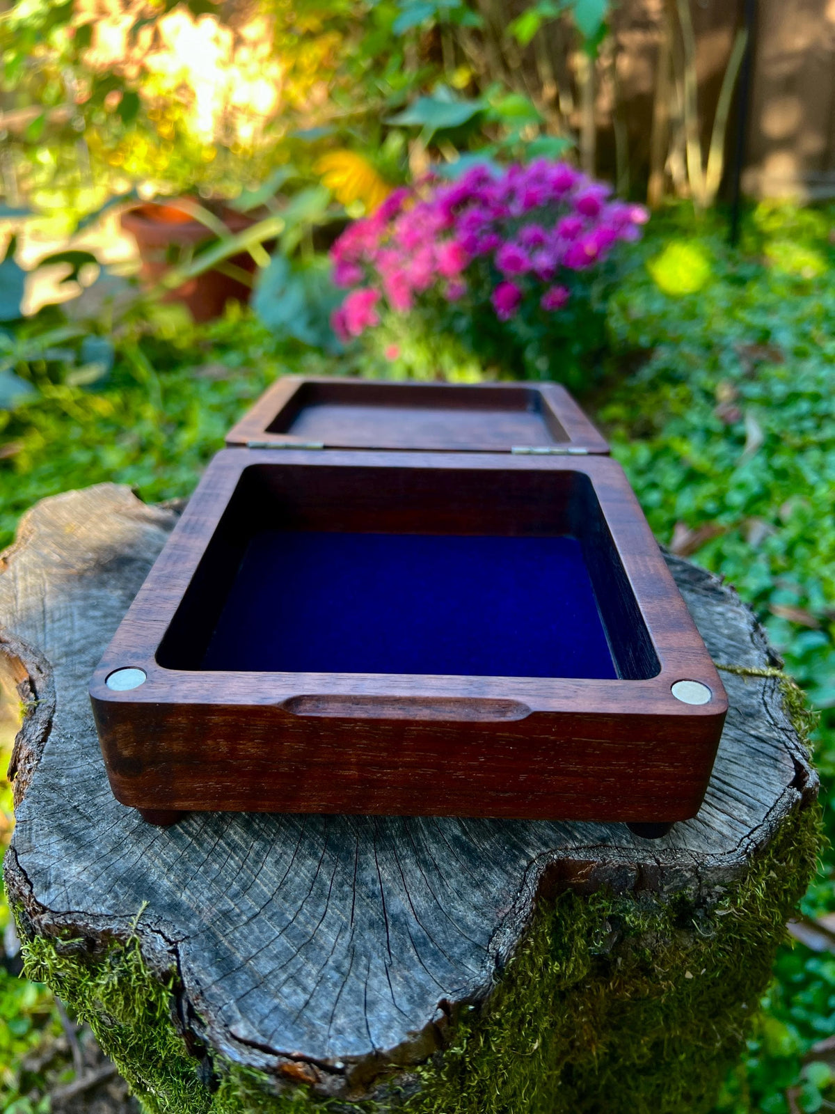 Walnut Sun & Moon Jewelry Box – 5x5in with Blue Velvet Lining
