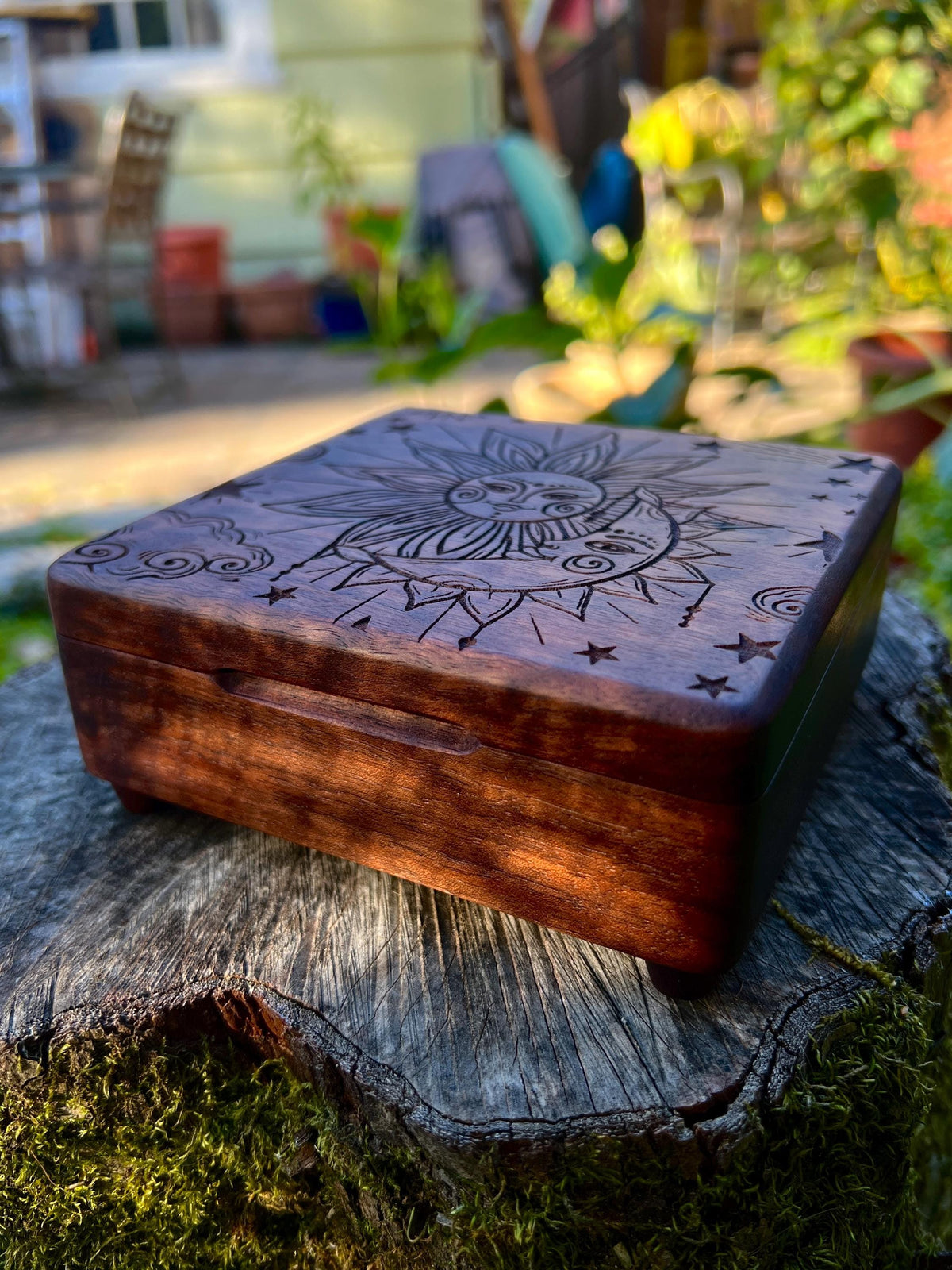 Walnut Sun & Moon Jewelry Box – 5x5in with Blue Velvet Lining