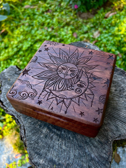 Walnut Sun & Moon Jewelry Box – 5x5in with Blue Velvet Lining