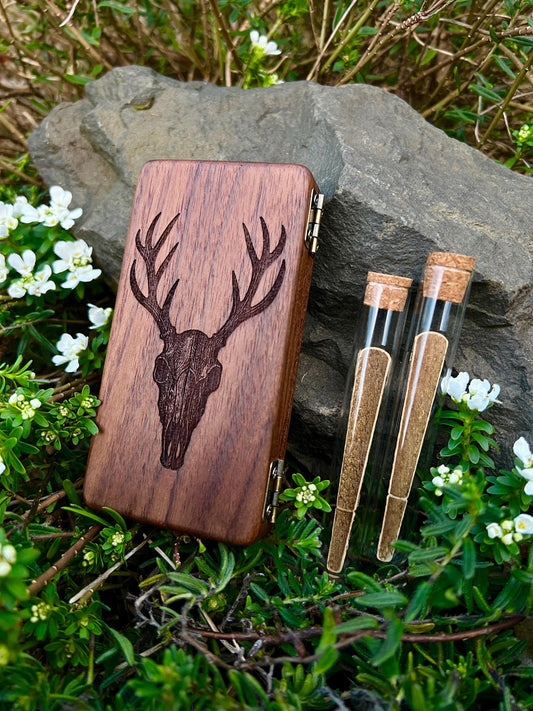 Elk Skull Black Walnut Stash Case With Smellproof Glass Tubes.