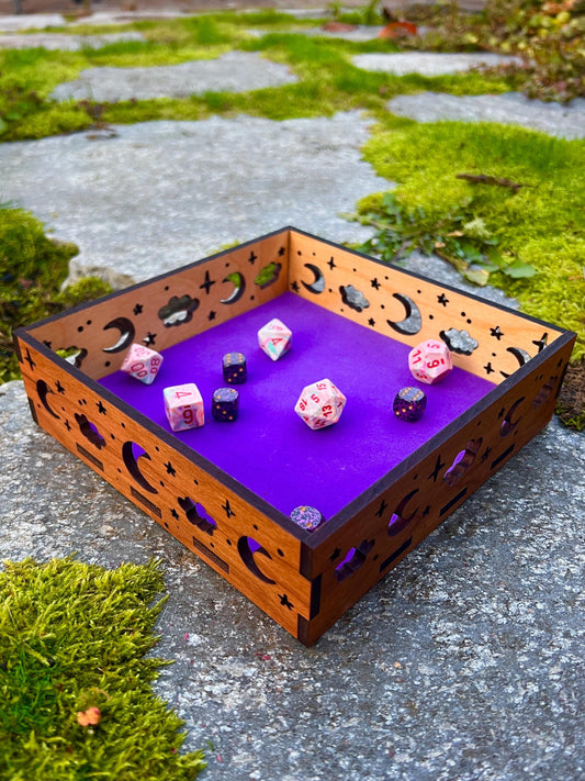 Cloudy Night Dice Tray – Cherry Wood Dice Rolling Tray with Purple Velvet Lining | D&D RPG Tabletop Gaming Accessory