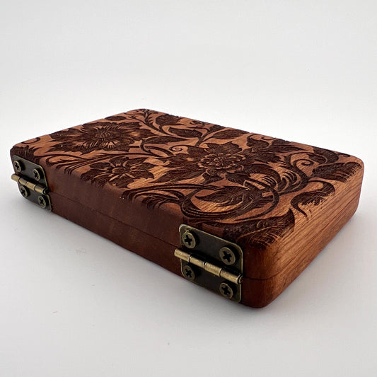 Floral Sapele Wood Stash Case with Bronze Hinges